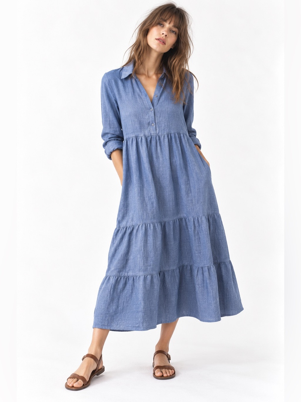 Max Studio London Blue Chambray Tiered Maxi Shirt Dress XS